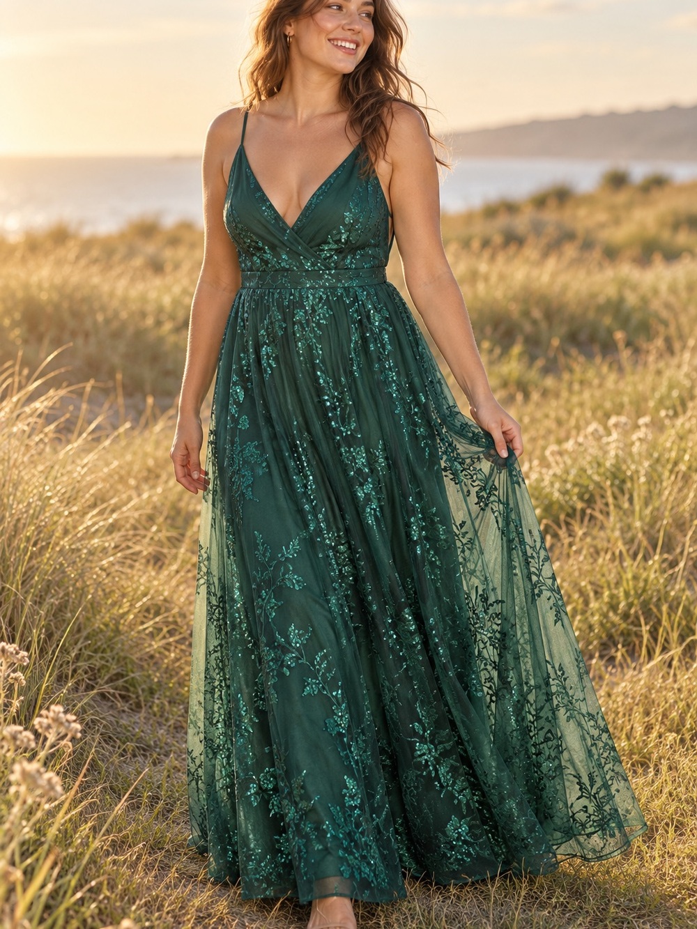 WINDSOR Emerald Green Floral Sequin Mesh Formal Maxi Dress M NWT